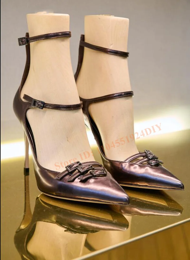 

Stiletto Pointed Toe Patent Leather Theww Belts High Heels with Buckle Straps for Women Pointed Pumps Women High Heel Shoes