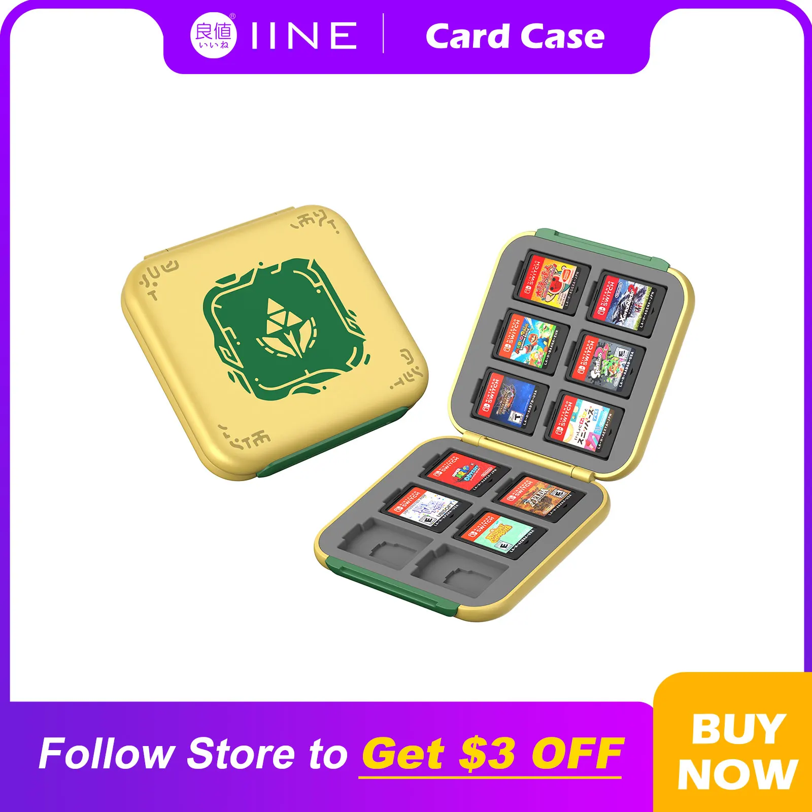 IINE Golden-Green Cassette Box 12 Card Case Compatible Nintendo Switch Game Cards