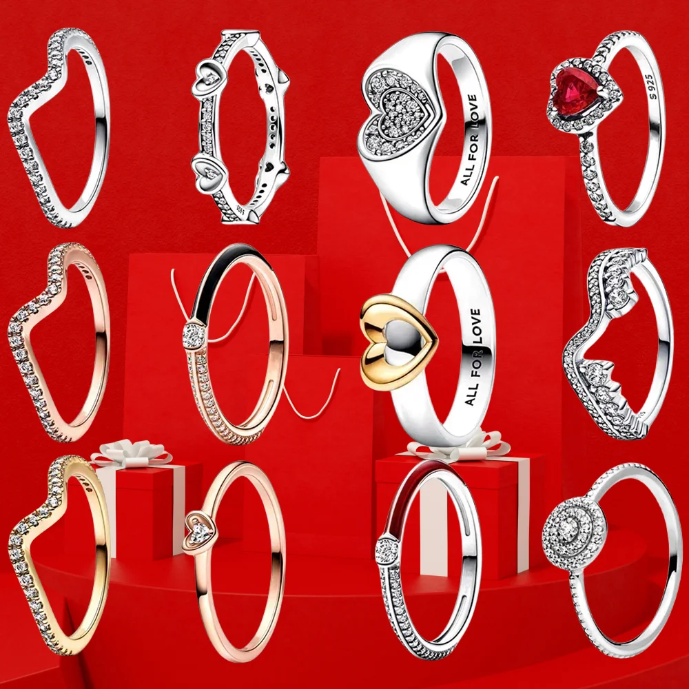 Pavé Signet Ring تألق موجة لي بافي والأحمر المزدوج الدائري لتقوم بها بنفسك GiftNew جودة عالية 925 فضة جميلة مشع القلب