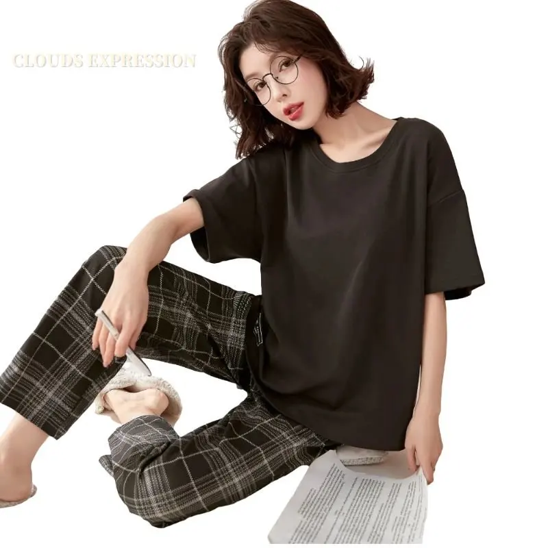 Spring Summer Short Sleeved Elegant Women\'s Pajamas Set Abstract Sexy Black Nightwear Plaid Sleepwear Lounge Homewear Fashion