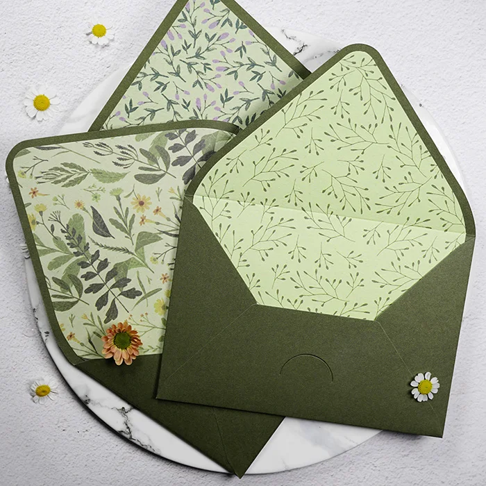 5pcs/set Avocado Green Series Vintage Envelopes Wedding Invitations With Printing Lining Envelopes Invitation Stationary