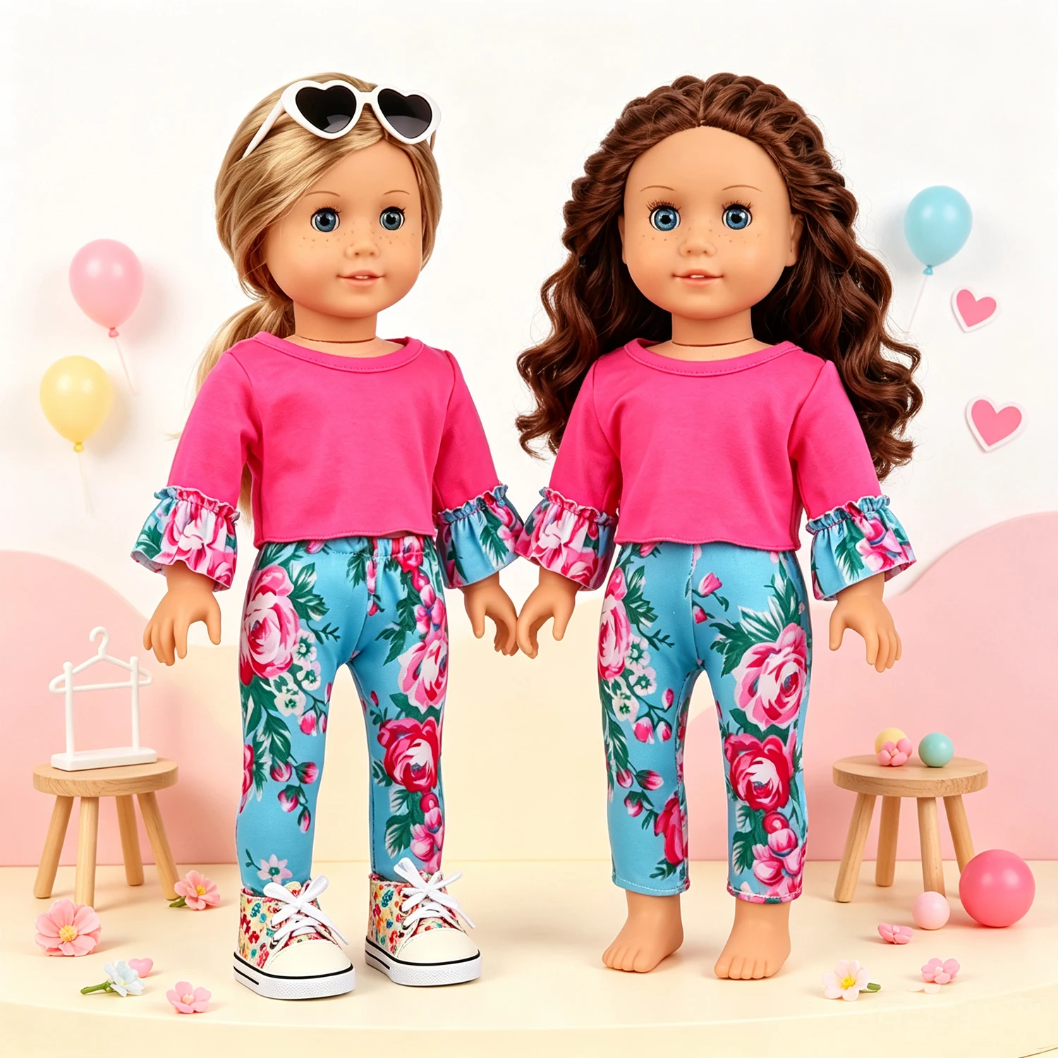 Ruffle Sleeve Top Rose Floral Pants Doll Clothes Set Cute Canvas Sneakers Fashion Accessories for 18