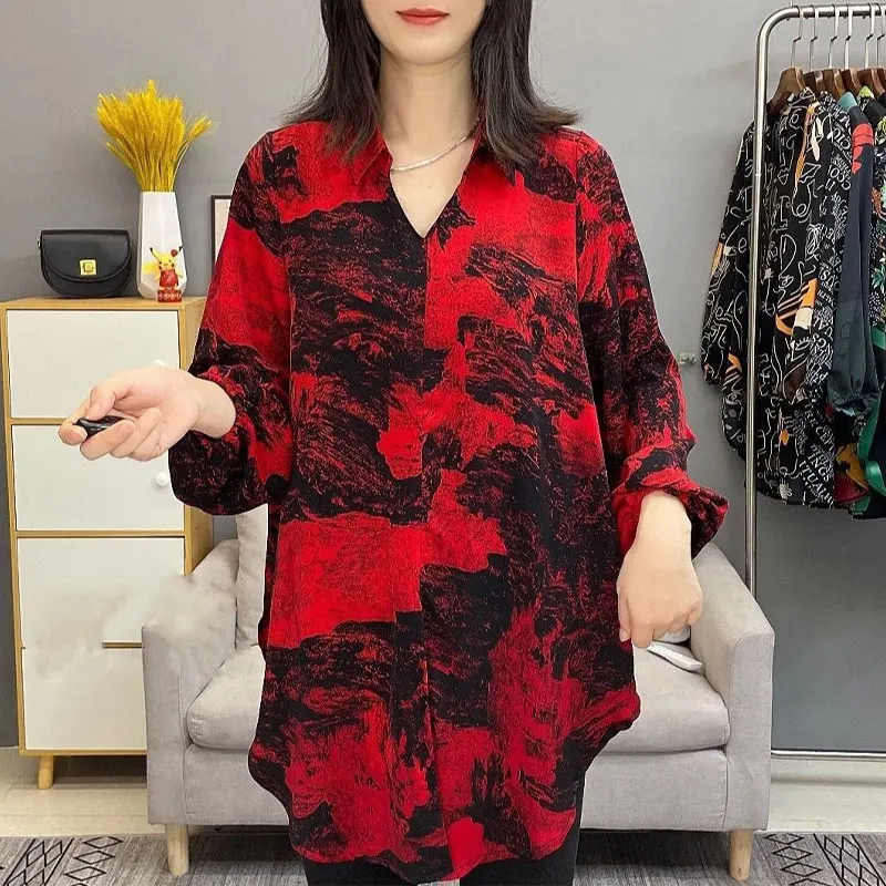 Stylish Vintage Printed Shirt Female Clothing V-Neck Casual Loose 2024 Spring Autumn Korean Commute Spliced Long Sleeve Blouse