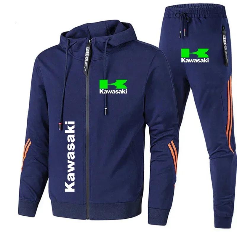 

Men's Tracksuit Kawasaki Logo Printed Motorcycle Jacket Outdoor Sports Zip Sweatshirt+Pants 2 Piece Kawasaki Racing Sportswear