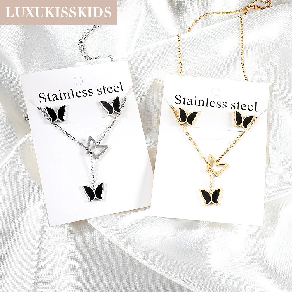 LUXUKISSKIDS Elegant Romantic Butterfly Jewelry Sets Stainless Steel Necklace And Stud Earrings For Women/Girl Best Gifts