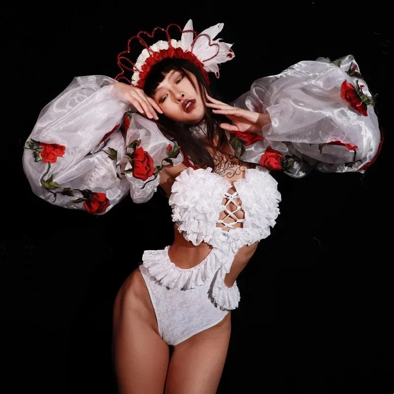 Kostium taneczny z bufiastymi rękawami i wycięciami, seksowny strój do klubu nocnego, dla tancerki gogo, na występy sceniczne, festiwal, rave.
