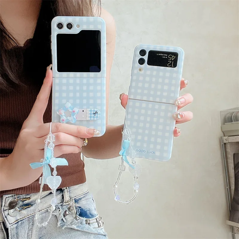 Blue Plaid Phone Stand Case for Samsung Galaxy Z Flip 6 5 4 3 Protective Back Cover for ZFlip4 ZFlip5 ZFlip6 Case