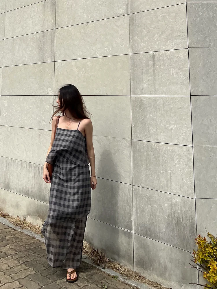 Schicker karierter Träger Dr. Damen-Sommer-Asymmetrisches Design Lang Dr. Casual Sle Ele Classy Maxi Dr von Dongda Gate