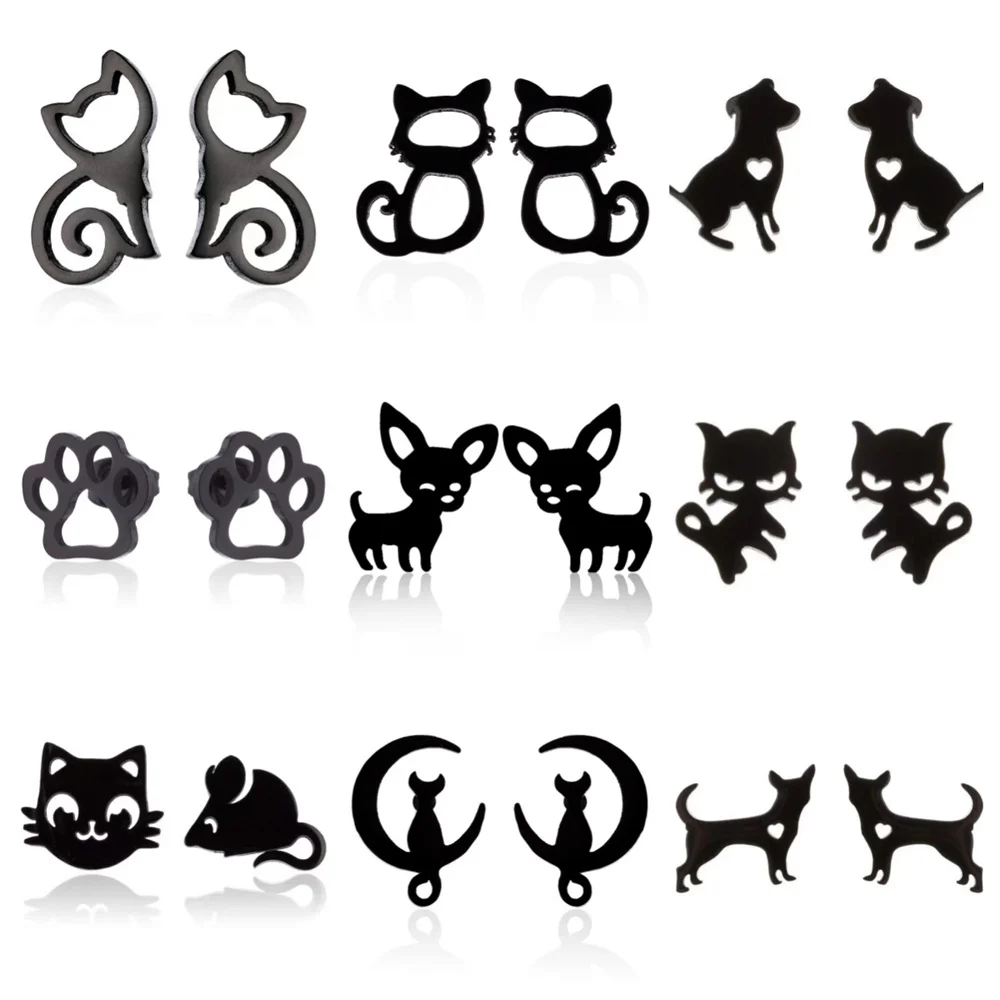 9Pairs/Sets Fashion Stainless Steel Stud Earrings For Women Mix Style Simple Cat Dog Ear Jewelry Party Gifts