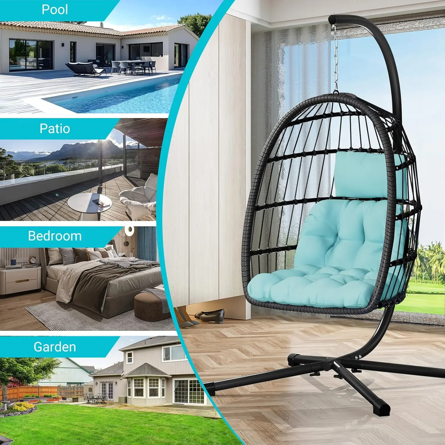 Egg Chair w/ Stand – Rattan Swing, 350 lbs, UV Cushion, Aluminum Frame