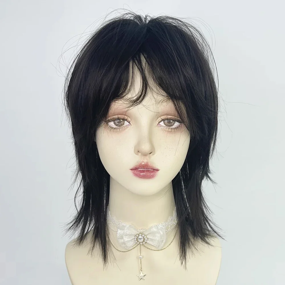 20inch-Synthetic Short Mullet Head Wigs with Bangs  Straight Anime Men Nature Black Hair Wig for Daily Party Cosplay