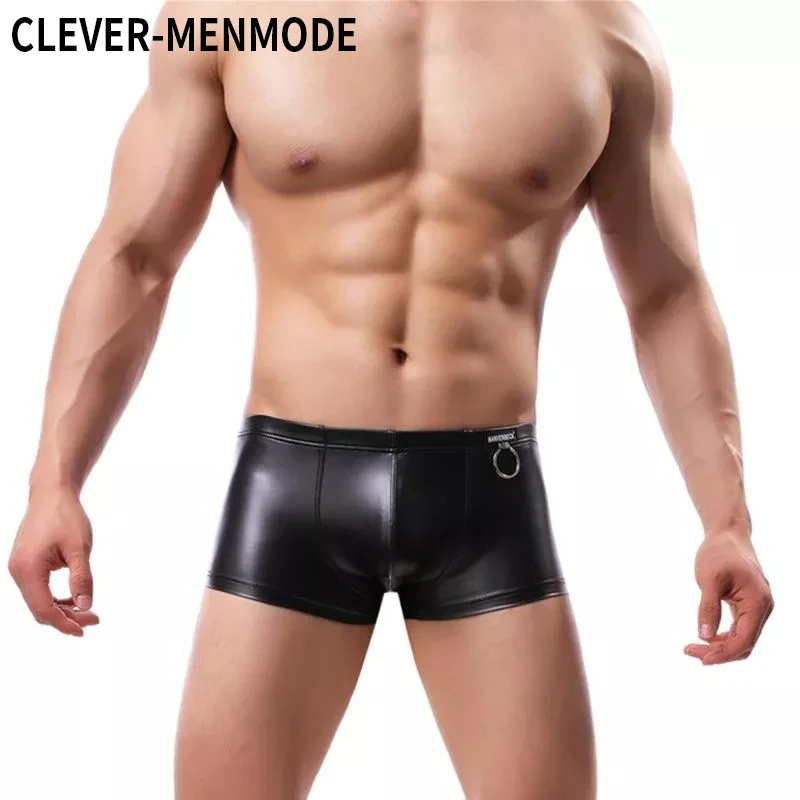 CLEVER-MENMODE Sexy Men Boxer Mens Faux leather Underwear Underpants Penis Pouch PU Boxers homem Soft Boxershorts Panties Shorts