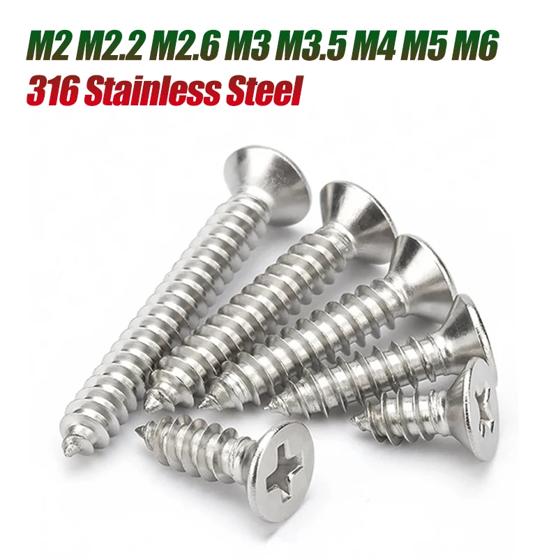 

2-100pcs 316 Stainless Steel M2 M2.2 M2.6 M3 M3.5 M4 M5 M6 Micro Cross Countersunk Head Flat Head Phillips Tapping Wood Screw