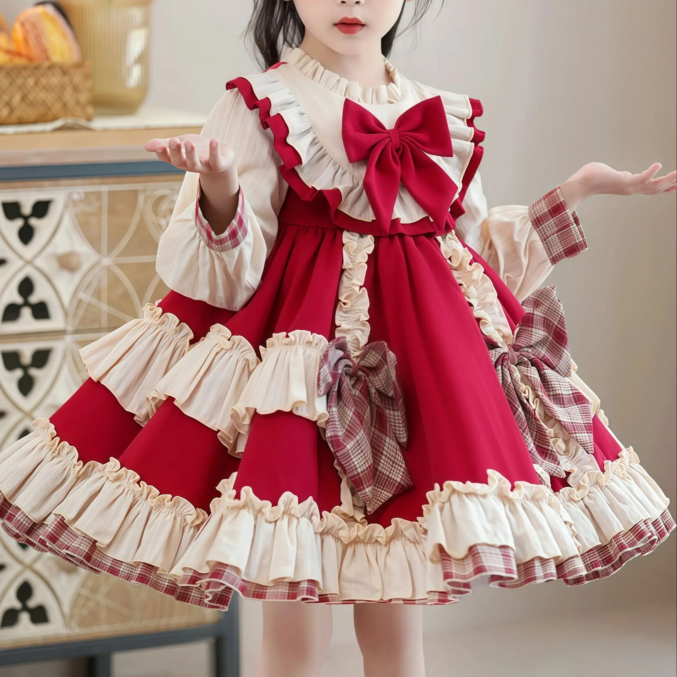 

Girls Lolita Dress Red Layered Party Dress For Kids Spring Autumn Ruffled Tutu Skirt Princess Costume Outfit For Birthday Gifts