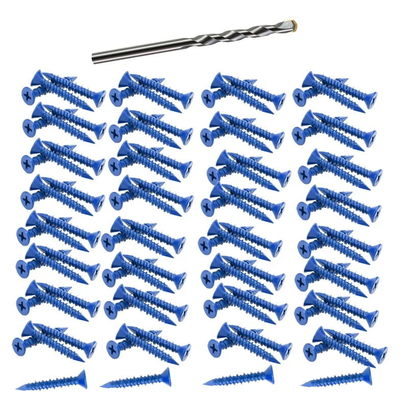 LICG-100 PCS 3/16 Inch X1-1/4 Concrete Screw Anchor Blue Flat Heads For Anchoring To Masonry, Block Or Brick Stucco