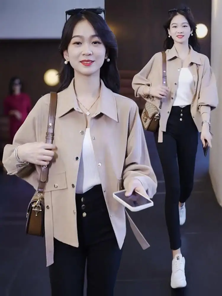 

Design Sensation Loose Fit Long Sleeve Shirt Women's Fashion Slimming Top Thin Outerwear Korean Style Button Detail Pure Color