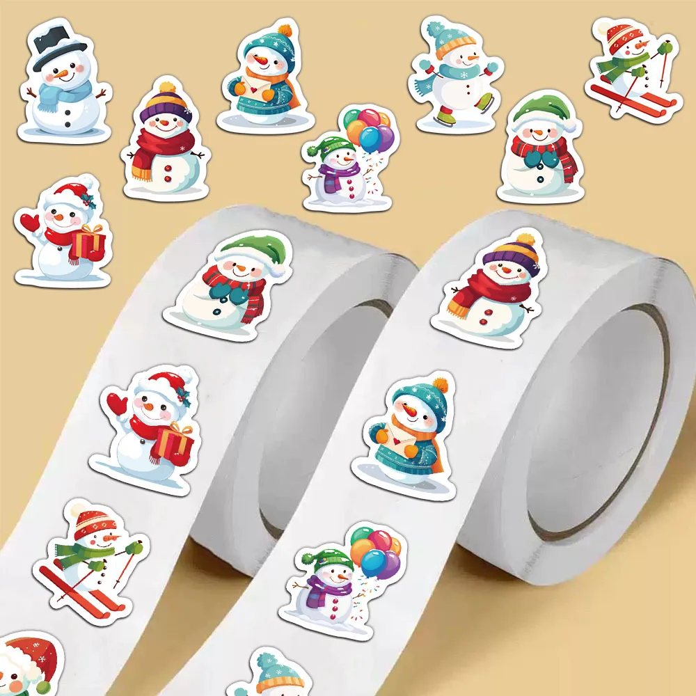 500pcs/롤 어린이 크리스마스 보상 스티커 롤 귀여운 만화 눈사람 클립보드 축제 선물 장식 패턴 라벨