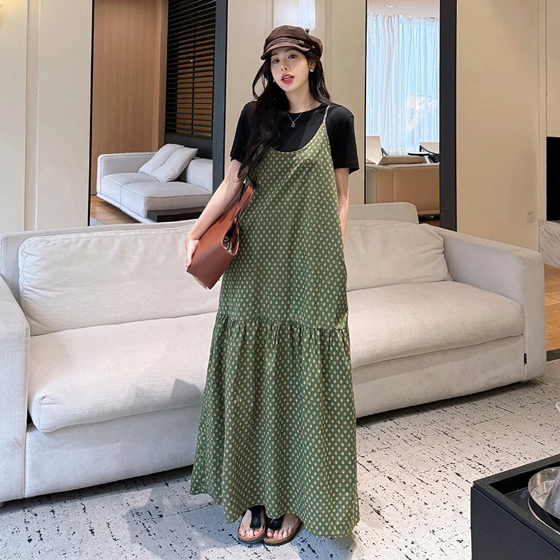 Été à pois ter Dr femmes ample a-ligne T-shirt jupe longue deux pièces ensemble rue Sle tricoté coton Polyester