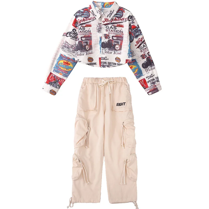 Kinder moderne Jazz Tanz Kostüm Mädchen Hip Hop Kleidung drucken Langarm Tops Baggy Pants Teenager Streetwear Konzert Bühne Outfit