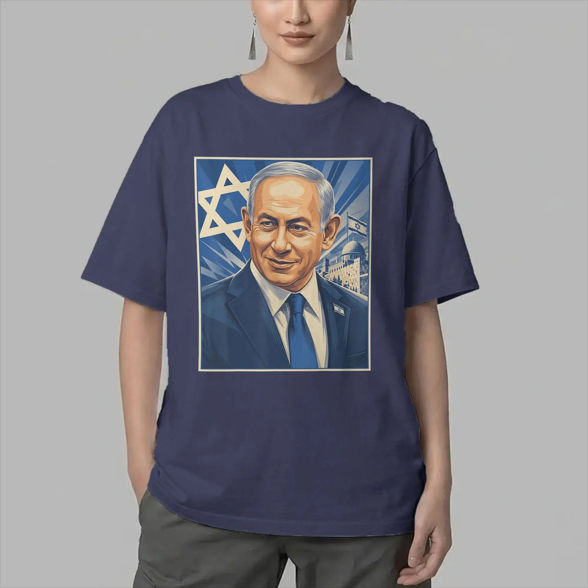 Benjamin Netanyahu Bibi Men T Shirts  Leisure Tees Short Sleeve Round Collar T-Shirt 100% Cotton Printing Clothes