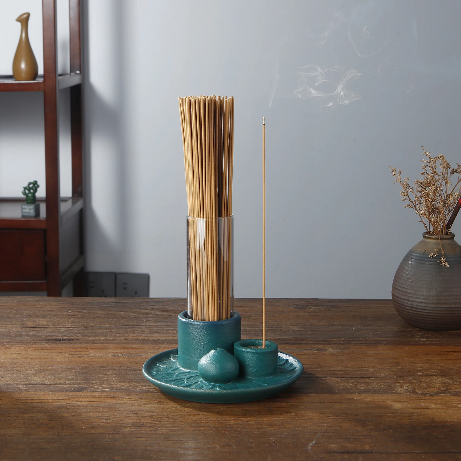 3 in 1 Incense Holder for Sticks Ceramic Incense Burne with Nine-hole Brass Holder and Glass Incense Sticks Organizer Home Decor