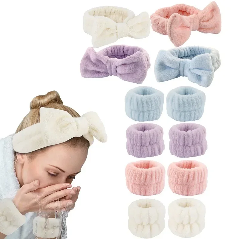 3Pcs Bow Headband Wristband Set Towel Elastic Soft Washing Face Shower Make Up Yoga Sports Skincare Headband Women Accessoires