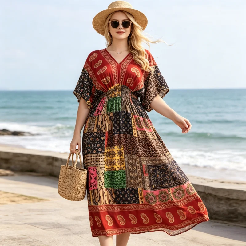 Plus Size Elegant Party Woman Midi Dresses Casual Retro Ethnic Style V-neck Tunic Large Swing Floral Printed Long Skirt Holiday