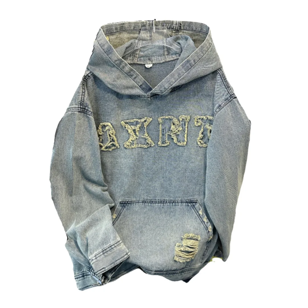 Hip-Hop-Jeansjacke mit Stickerei für Herren, Frühling und Herbst, gewaschenes Distressed-Loose-Kapuzen-Sweatshirt, trendiger Mantel