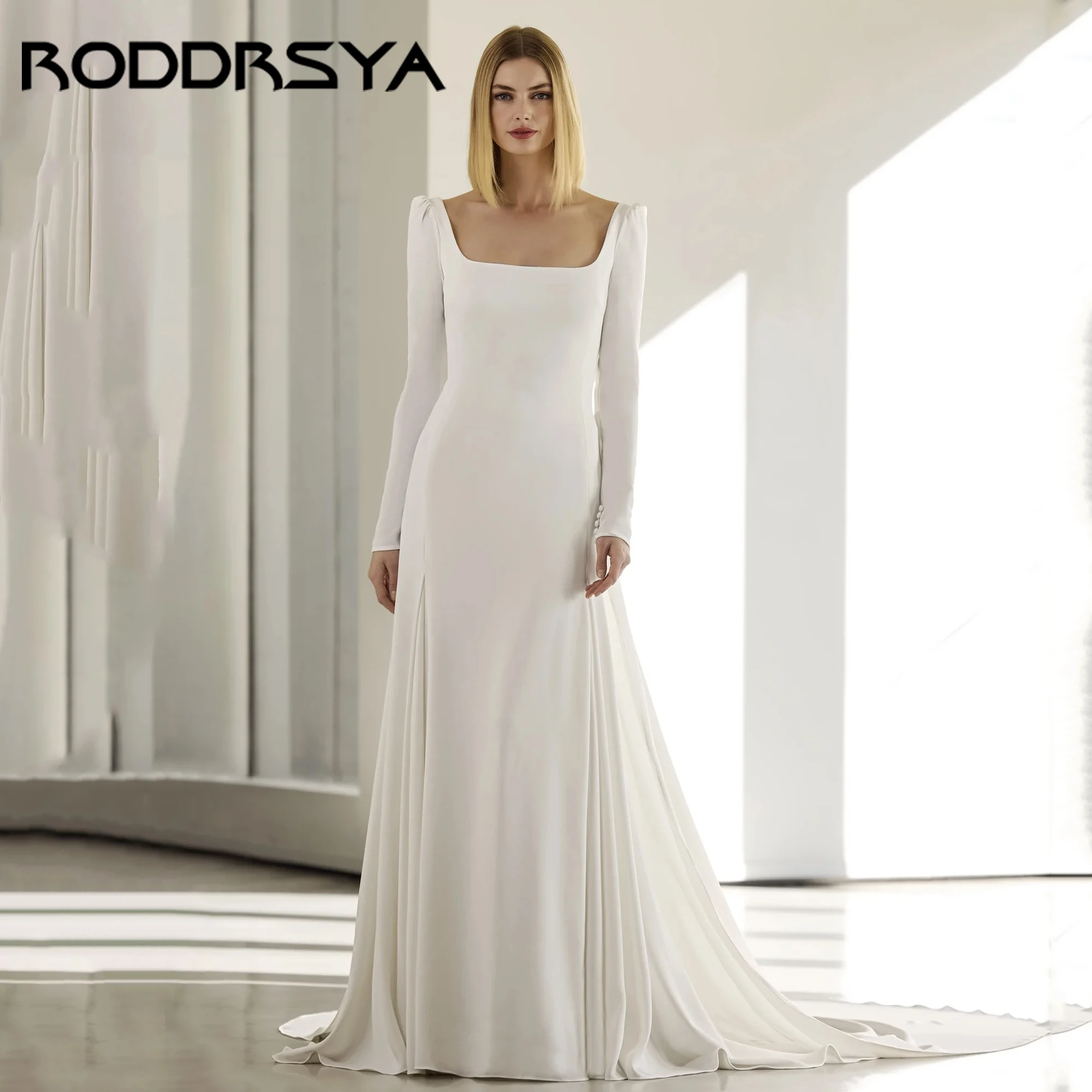 

Luxury Crepe Long-Sleeve Square Neck Mermaid Satin Wedding Dress With V-back Simple Bride Dress Vestido De Novia 2025 Customized