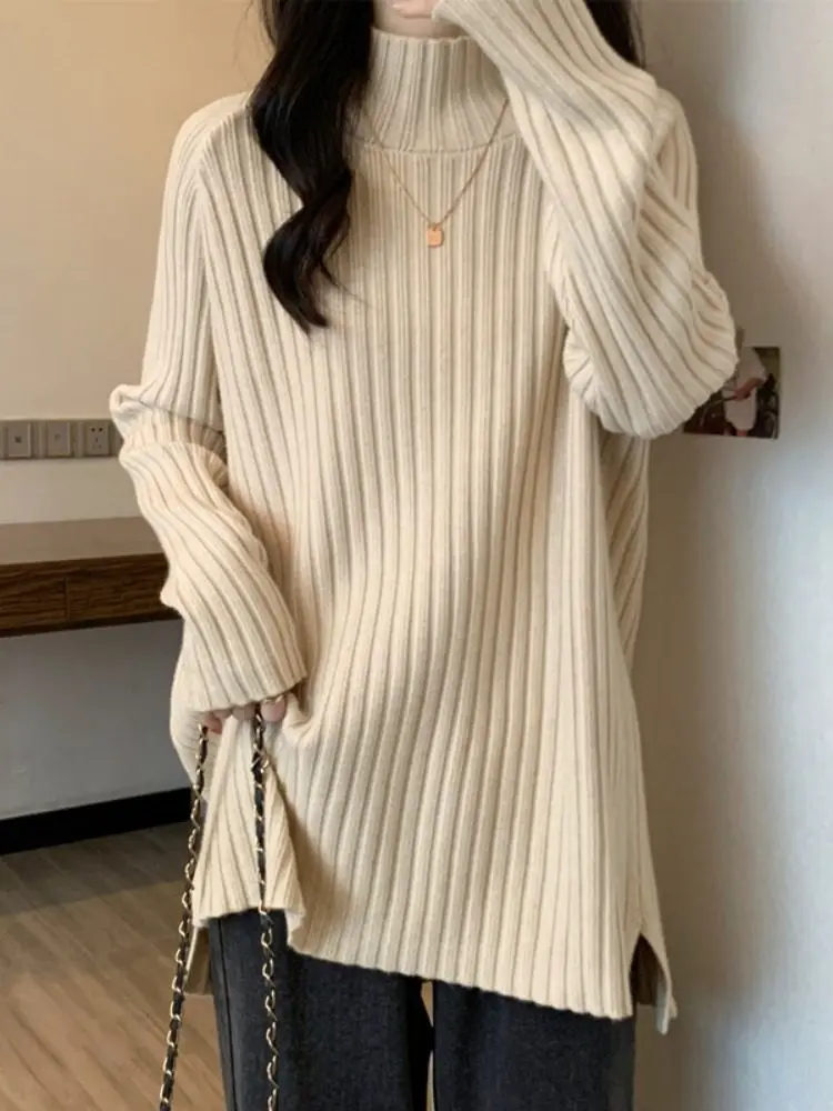 

plus Size Warm Knitted Sweater Mid-Length f High Collar Casual Sle Inner Wear Butt Covering Top for Autumn Winter