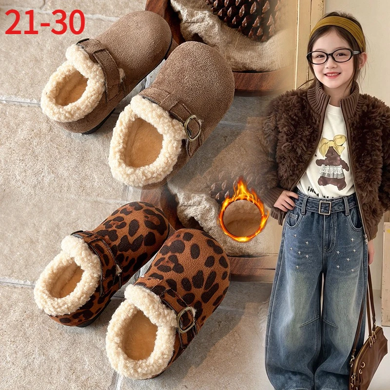 Children's Fleece-Lined Boots Girls Leopard Print Cotton Shoes Winter Warm Boys Plush Shoes Kids Furry Toddler Baby Kids Boots