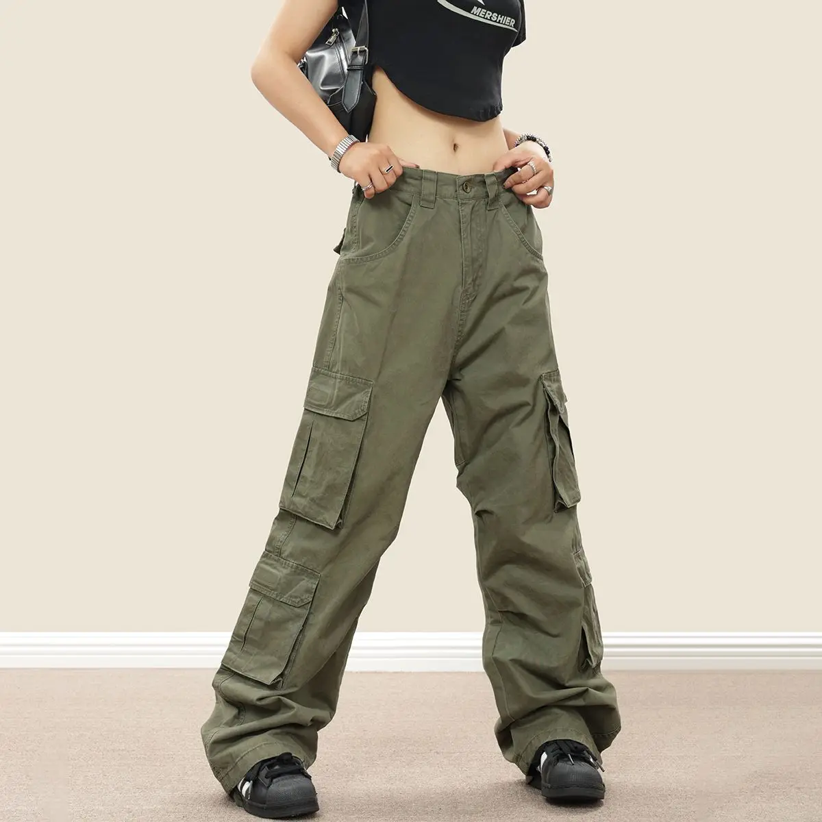 Pantalon Cargo Baggy à Poches Multiples pour Femme, Streetwear Harajuku, Pantalon Droit, Vintage Vert, Grande Taille, Mode Fjk, Années 2000, Y2K