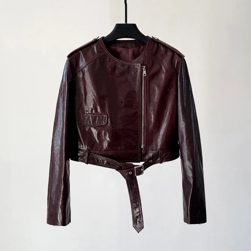 Vintage Öl Wachs Leder Frauen Echt Leder Moto Jacken Mantel 2025, Neue Oansatz Kurze Schaffell Gürtel Weibliche High Street Jacke Tops