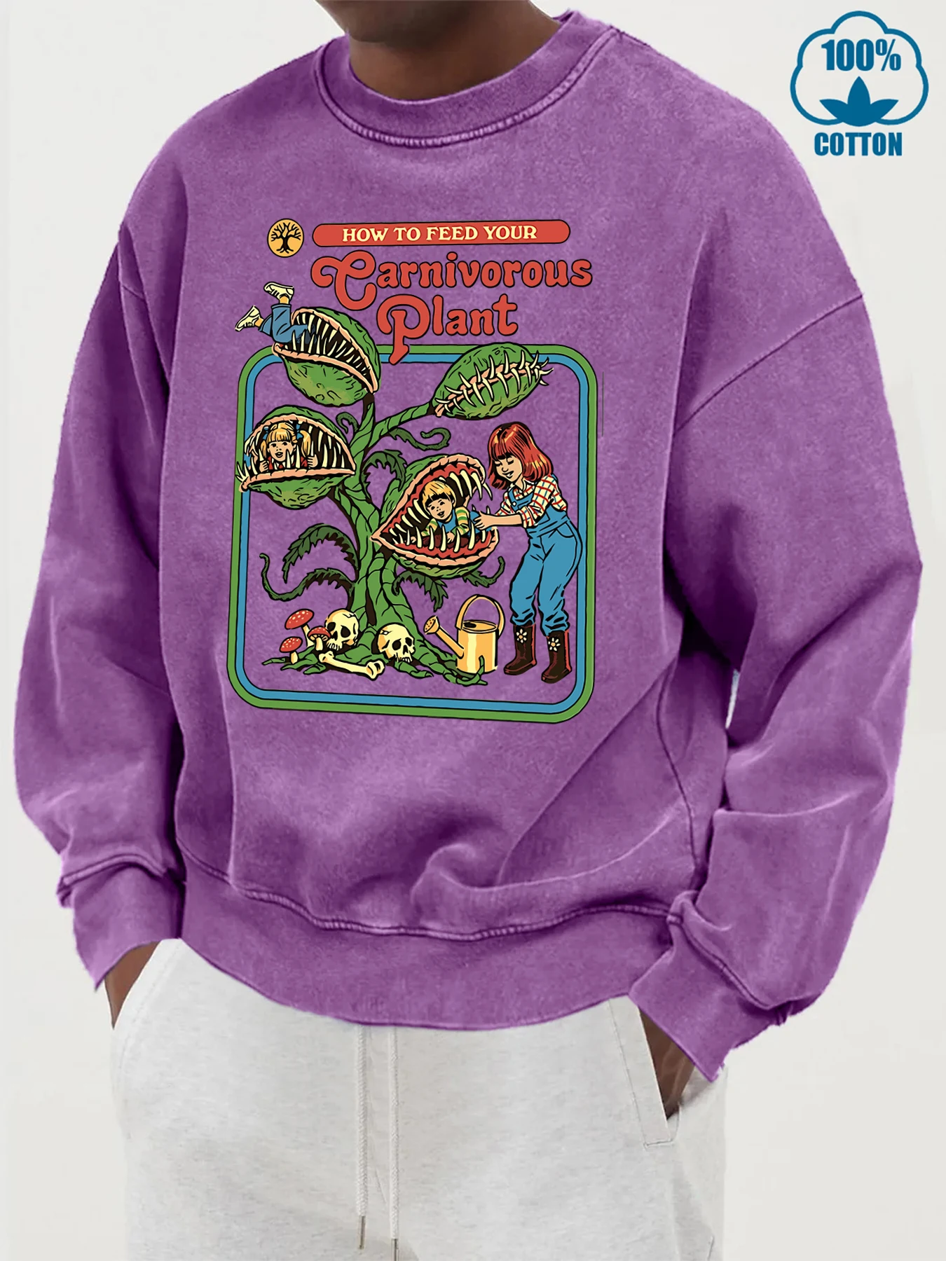 Earnivorous Plant Prints Men Washed Cotton Sportswear Vintage Oversize Pullover Fashion Fleece Sweatshirt Autumn Soft Tops