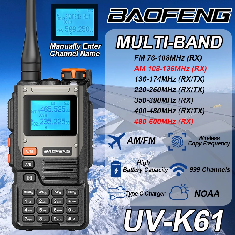 Baofeng UV-K61 워키토키 고출력 풀 밴드 무선 복사 주파수, C타입 AM FM 999CH, 장거리 휴대용 양방향 라디오