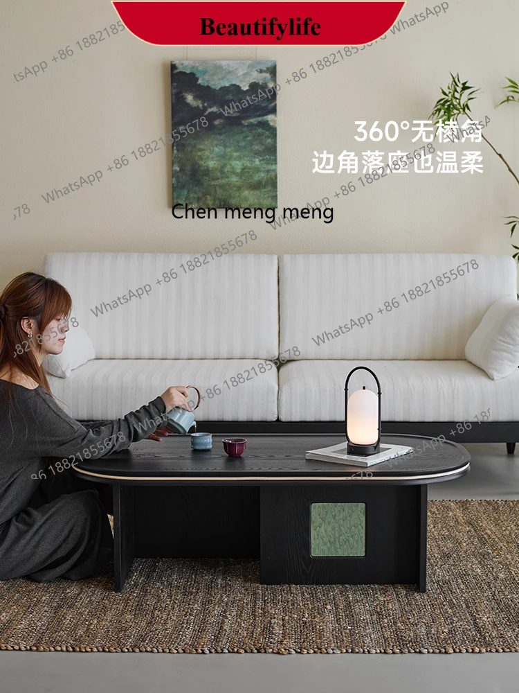 

E153 Wabi-sabi wind living room household solid wood coffee table small apartment oval retro wind tea table black tea table