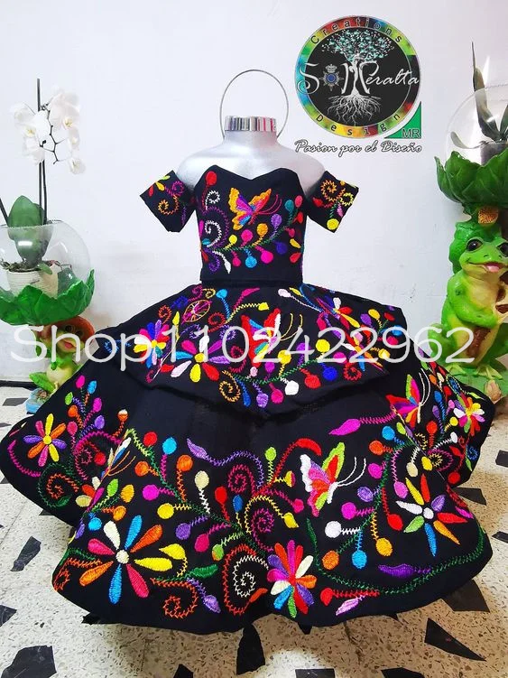 Black Mexican Charro Mini Quinceanera Dresses Off Shoulder Floral Embroidery Toddler Flower Girl Dress vestido catrina nina