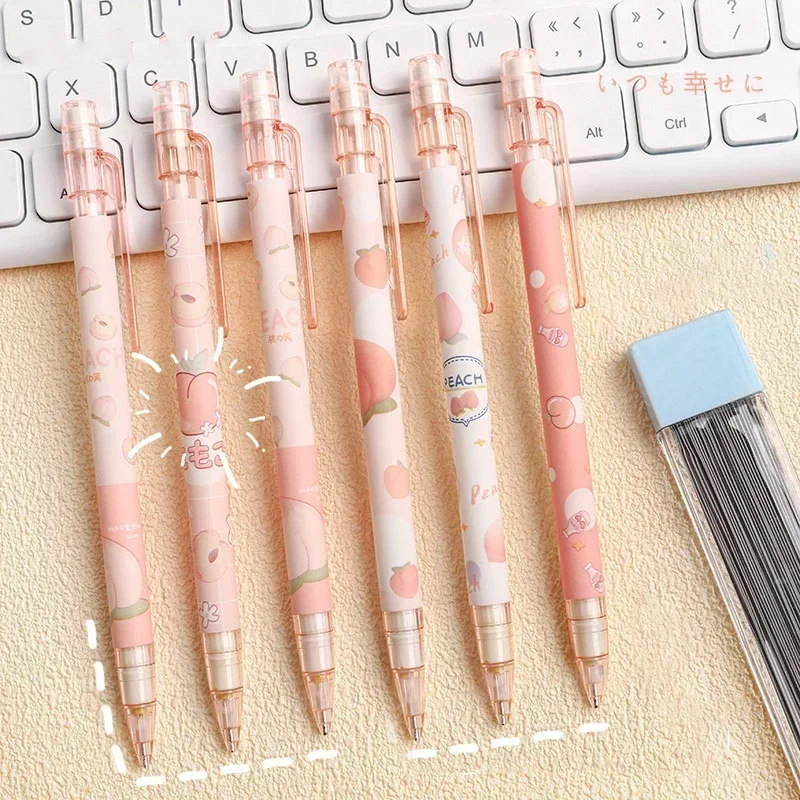 2pcs Pink Peach Mechanical Pencils Kawaii 0.5mm Automatic Pencils Korean Stationery Students Pens Office Cute School Supplies