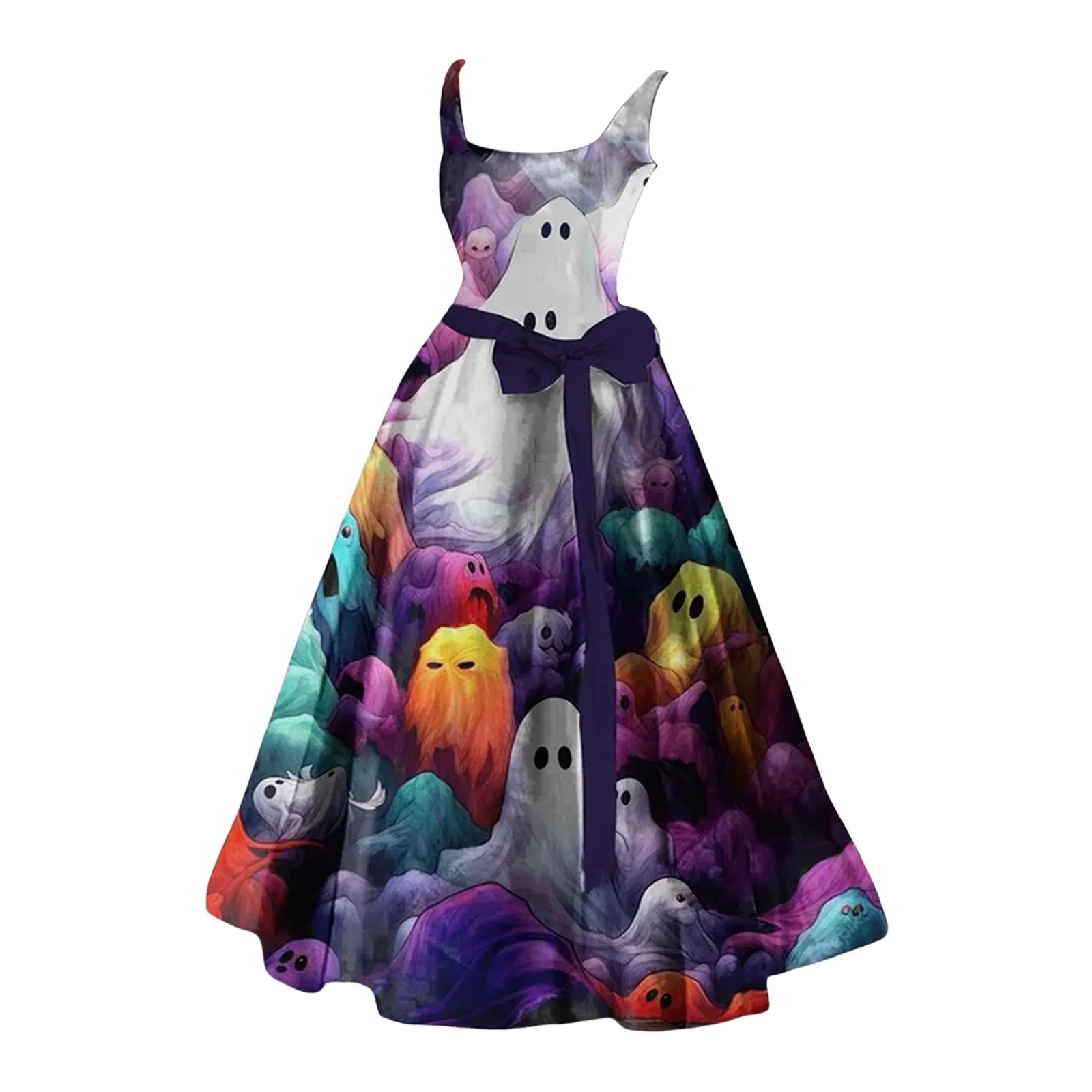 Vestido de fiesta con estampado divertido de calavera para mujer, ropa de calle con cuello redondo, vestido largo sin mangas, cinturón ajustado, línea A, Halloween