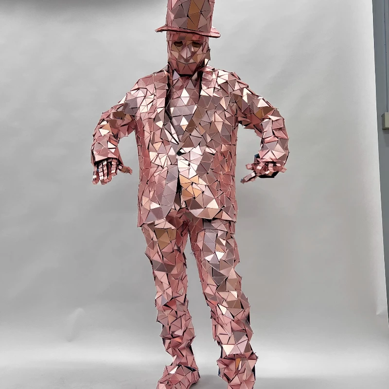 Fantasia masculina espelhada rosa, performance de palco, festa, show, roupas, coaplay, dj, bar, cantor, boate, traje festivo, cosplay