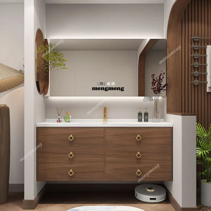 

Medieval style bathroom cabinet combination walnut ceramic integrated basin solid wood bathroom sink washbasin washbasin