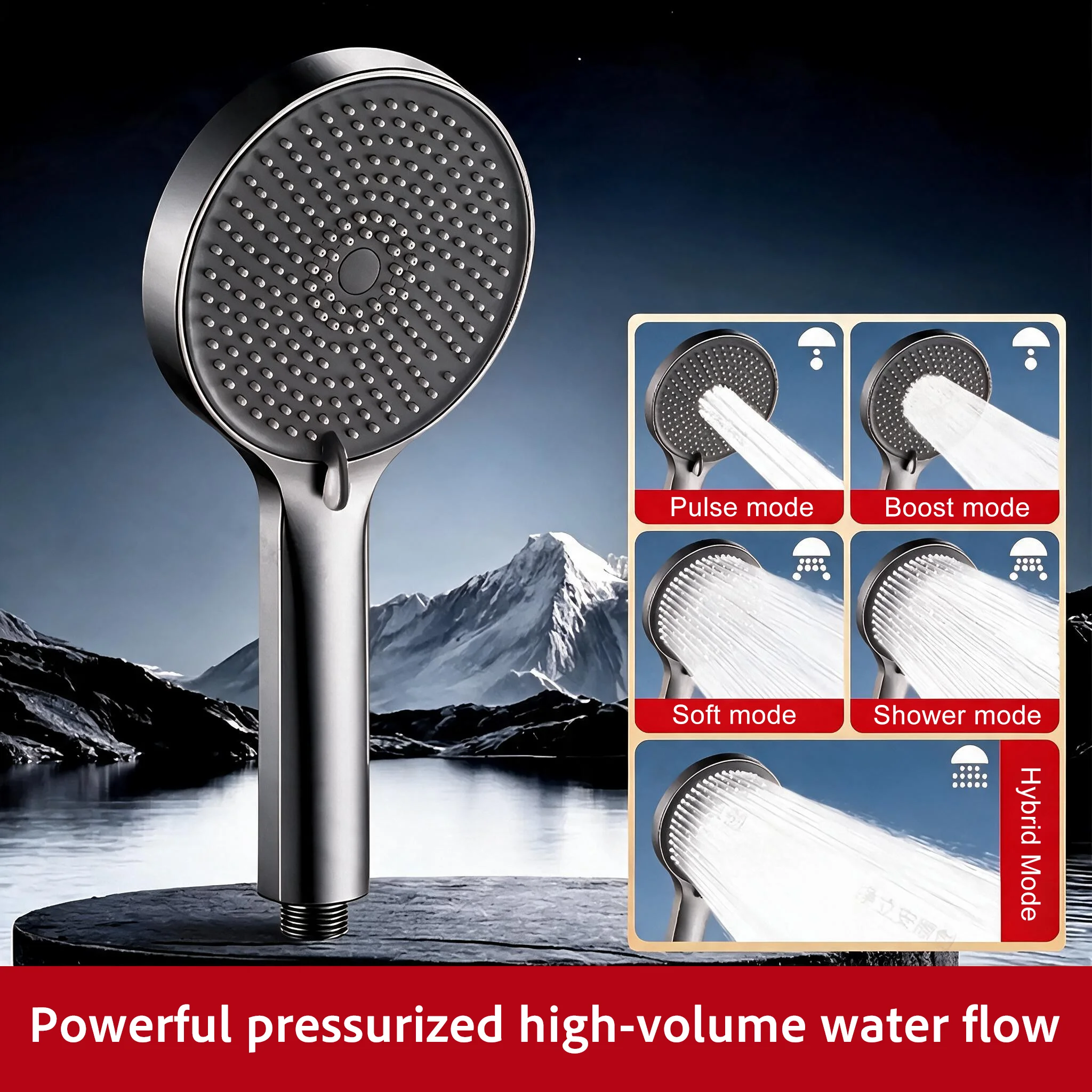 5-Mode Handheld Shower Head Extra-Large Panel Adjustable Spray High-Pressure Large Flow Dense Gentle Water Easy Installation