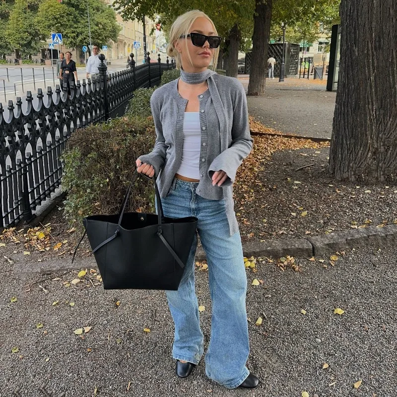 Tuularose femmes gris Cardigan mode solide écharpe décontractée mince simple bouton chandails haut nouveau basique bureau dame vêtements d'extérieur pour femmes