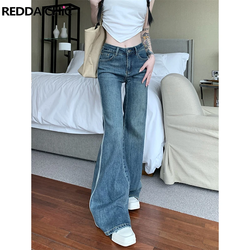 

ReddaChic Vintage Blue Low Rise Flare Jeans for Women Hotties Slim Fit Trousers Striped Bell Bottoms Grunge Y2k Bootcut Pants