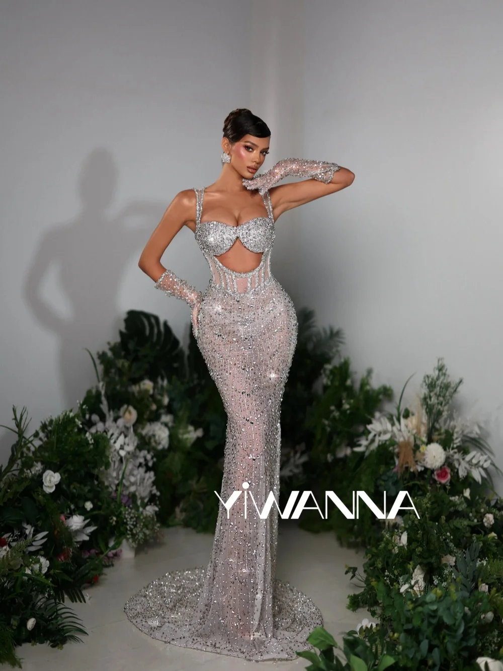

Dazzling Silver Crystal Mermaid Evening Dress Without Gloves Luxury Illusion Wedding Party Gown Customized Chic Prom Dresses