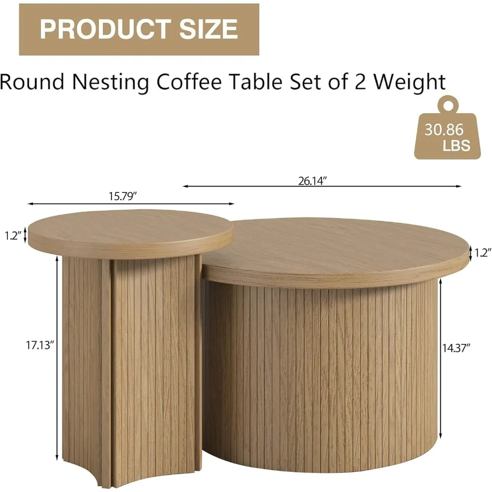 Farmhouse Style Round Wood Coffee Table Set for Living Room, Including 2 Nesting Tables and Small Sofa Tables
