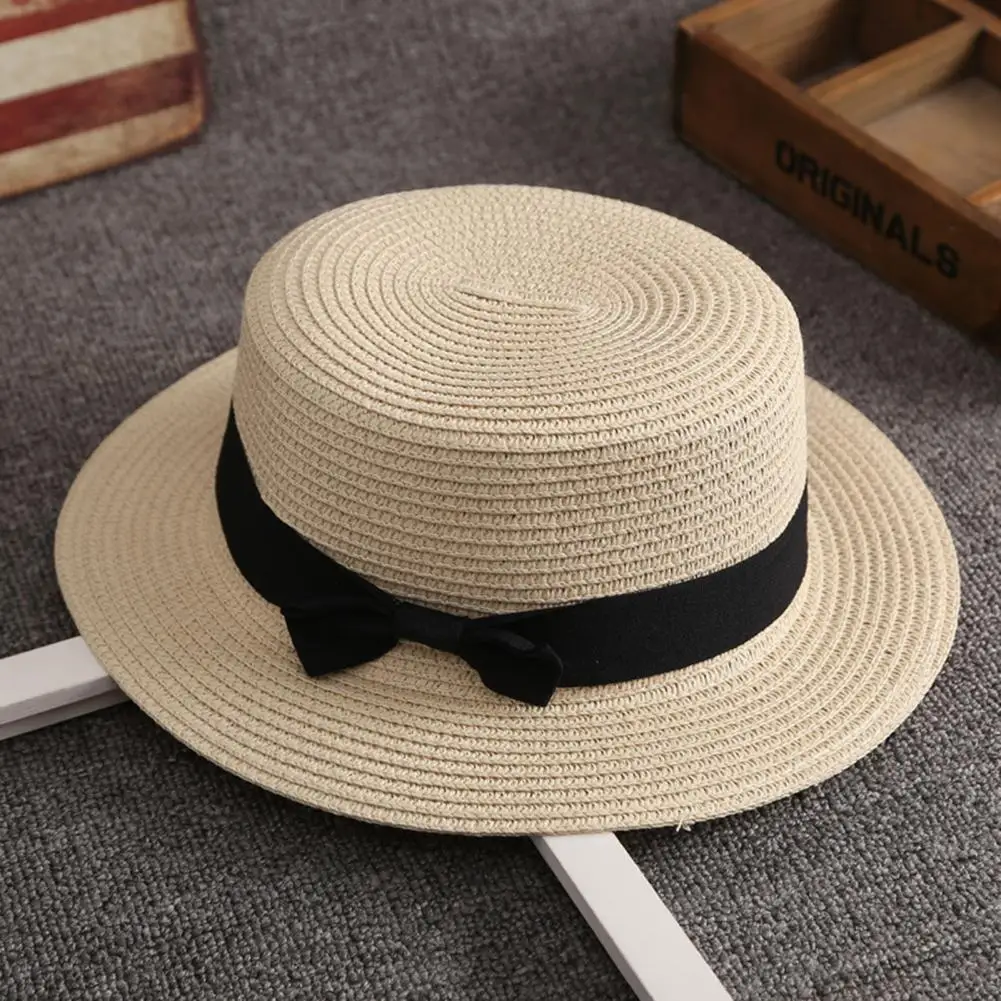 Bowknot Decor Flat Dome Straw Hat Folding Thin Women Wide Brim Sunscreen Bucket Hat Fashion Accessories