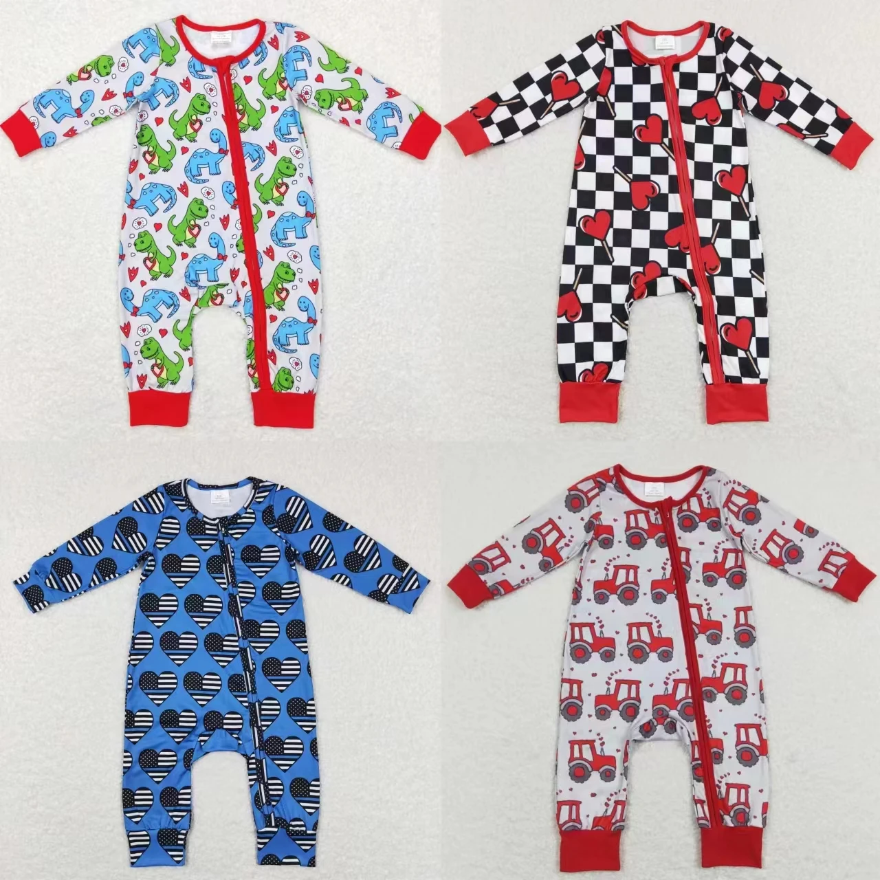 

Wholesale Kids Baby Boy Long Sleeves Dinosaurs Tractors Romper Children Toddler Valentine's Day Newborn Hearts Zipper Jumpsuit