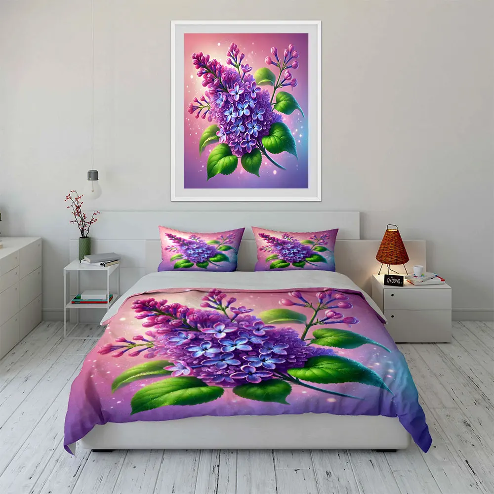 Purple lilac flowers with green leaves Duvet Cover Set with 3D Printing Design Soft Polyester Bedding Set All-Season Comfort