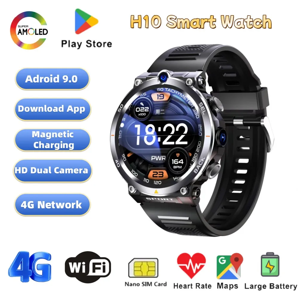 

New H10 Smart Watch 4G SIM Card Android 200W Dual Camera Google Play GPS WIFI Large Memory APP Download Sport Smartwatch